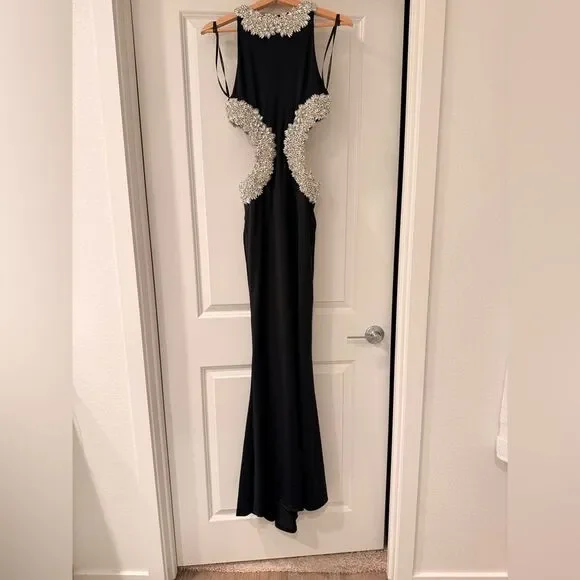 NWOT BRONX AND BANCO Camila Black Rhinestone Cutout Gown - Picture 6 of 16